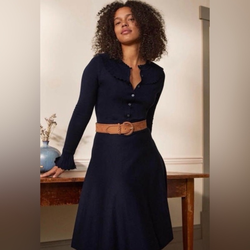 Boden Navy Long Sleeve Button Front Fit-and-Flare Dress with Ruffled Collar